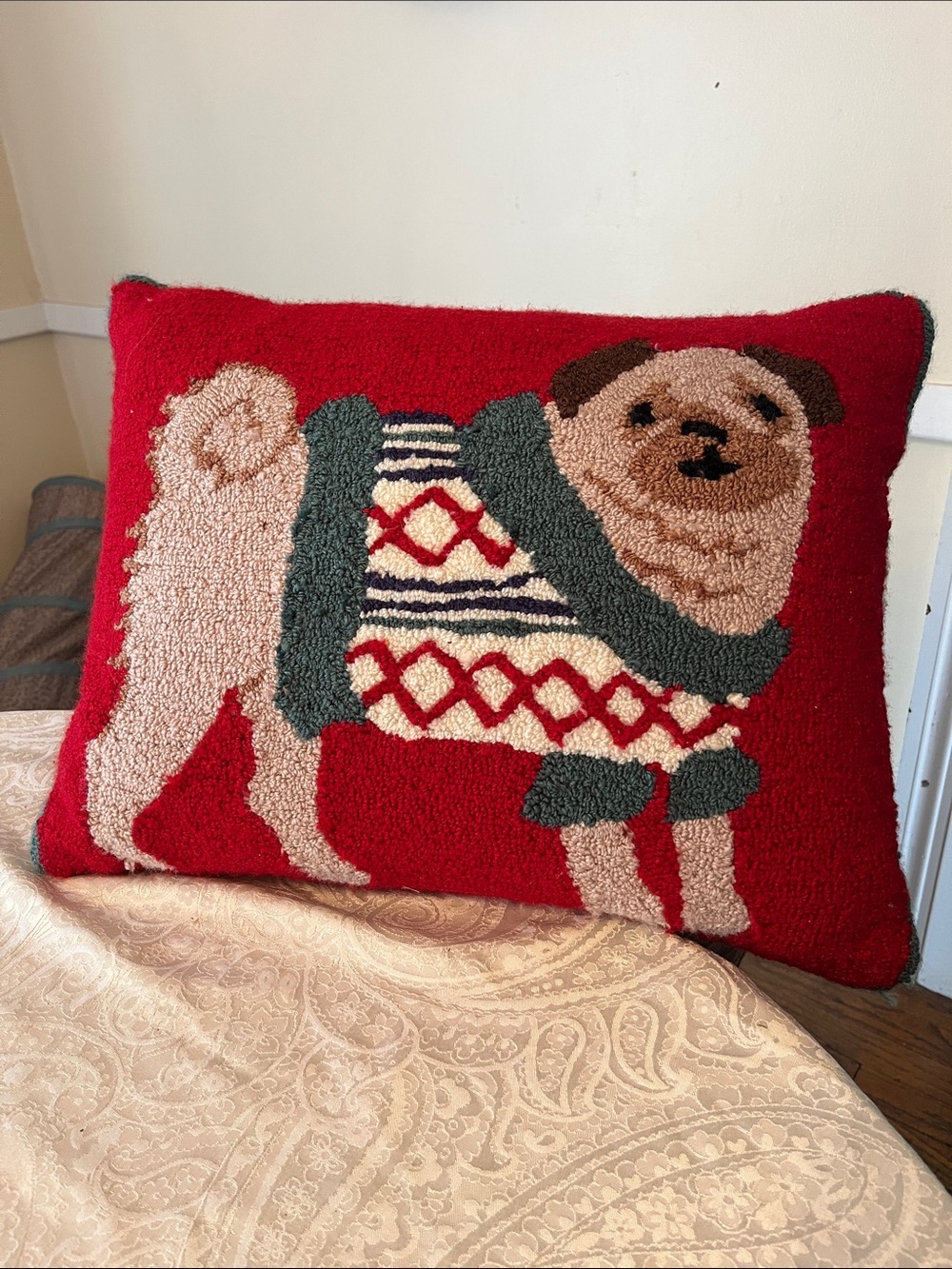 Festive Red Pug Hooked Pug Pillow with Sweater Design Adorable EUC